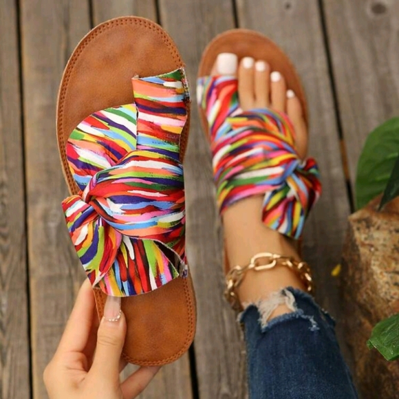 Rainbow Bow Tie Women's Flat Sandals Comfortable Massage Insole Multicolored Bea - Picture 1 of 5